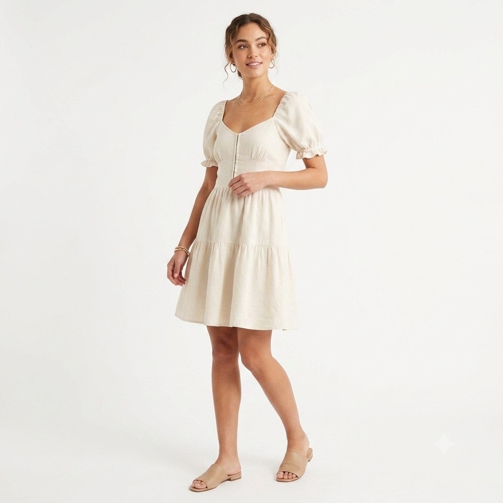 House of Harlow 1960 Linen Blend Tiered Puff Sleeve Mini Dress Cream XS
